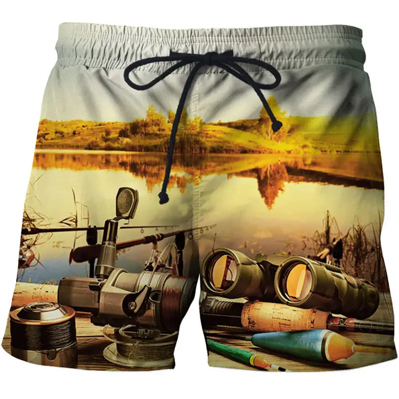 Calça de banho masculina com estampa 3D de pesca, shorts curtos para praia e verão 2024, calção esportivo para academia, novidade gráfica