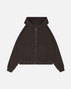 Sweat-shirt zippé vintage pour homme, marron foncé délavé, couleur unie, épais, avec poche kangourou fendue, décontracté - Product Image 5