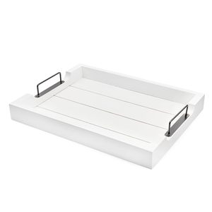 Élégant plateau de service en bois lavé blanc au design vintage avec poignées pour le petit-déjeuner, le café, les collations et la décoration intérieure - Product Image 3