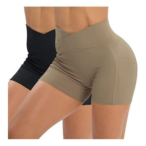 Active Gym Spandex Stretchy Yoga Compression Shorts avec poches latérales Cross Waist Solid Pattern-Best Stretch Short Yoga - Product Image 5