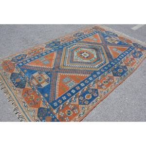 Kazak azul naranja Vintage alfombra turca 5,7X9,5 pies tejido plano lana con respaldo de látex para decoración para sala de estar patrón de retazos - Product Image 2