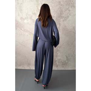 Elisa Fashion <b>Woman</b> <b>Navy</b> <b>Blue</b> Long-Sleeved <b>Top</b> and Bottom Set - Product Image 5