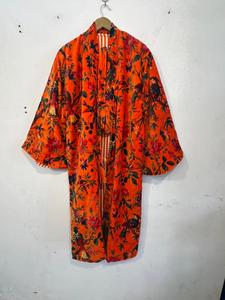 Robe kimono en velours à manches cloche orange, imprimé floral et oiseaux, robe de chambre kimono en velours, spécial hiver, luxe - Product Image 2