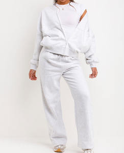 Sweat bombardier zippé avec col rond manches longues épaules tombantes assorties jambe droite taille haute joggers - Product Image 2