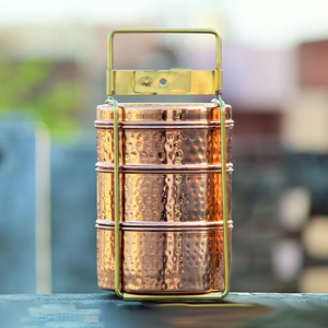 High Quality 2-Tier Copper Tiffin Lunch <b>Box</b> with <b>Marvelous</b> Design Round Shape Picnic Tiffin <b>Box</b> with Handle-Wholesale - Product Image 3