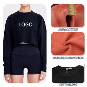 Top corto de color sólido de alta calidad con capucha Sudaderas con cuello redondo para mujer ropa informal Jersey de algodón sudaderas con capucha - Product Image 4