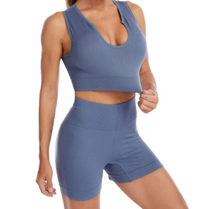 Conjunto de yoga para gimnasio transpirable de alta calidad para mujer con logotipo frontal y patrón sólido de cintura media - Product Image 3