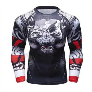 Sublimación 87% Poliéster 13% Elastano Cuello simulado 4 vías Estiramiento Tela de doble capa Camisas de compresión de secado rápido Rash Guard MMA - Product Image 1