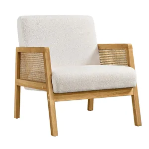 Chaise d'accent en tissu flanelle teddy ivoire accoudoirs en bois de rotin vintage jambe salon chambre commode chaise