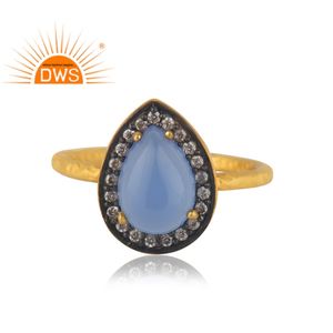 แหวนพลอย925สเตอร์ลิงสีเงินธรรมชาติ CZ และพลอยคาลซิโดนีสีน้ำเงินแหวนวางซ้อนกันได้ผู้ผลิตเครื่องประดับแบบกำหนดเอง - Product Image 2