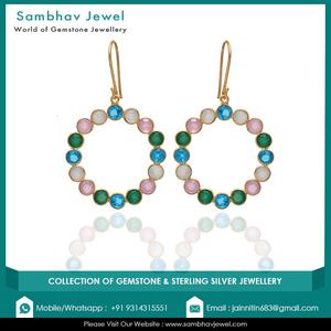 Haute qualité fait à la main naturel Multi calcédoine pierres précieuses 925 en argent Sterling plaqué or mode crochet boucles d'oreilles pour femmes et fille - Product Image 3