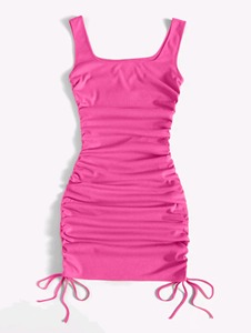 Verano acanalado chaleco vestido cordón plisado apretado elástico cadera falda - Product Image 2