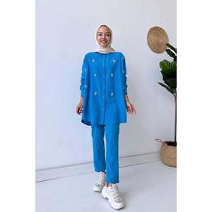 Blue Classic Solid Rhinestone-Embellished 100% <b>Linen</b> Women's 2-Piece Long <b>Set</b>-Eco-Friendly & Breathable - Product Image 1