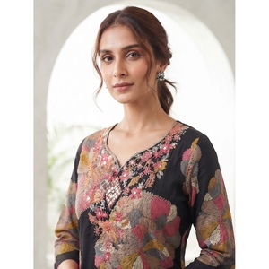 Vestido tipo túnica para mujer, negro, bordado, tejido, 100% algodón, transpirable, informal, para uso diario, cuello en V, estampado floral, manga 3/4 - Product Image 2