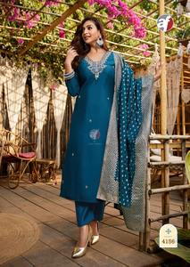 Dernière tenue de designer à feuilles persistantes Style moderne Meilleur pantalon Kurti en soie romaine et Dupatta avec un fabricant de travaux manuels purs d'Inde - Product Image 2