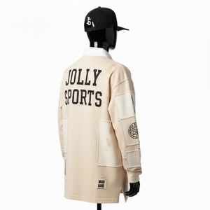 Camiseta de Rugby para Hombre, Alta Calidad, 280 GSM, Algodón Jersey, Estilo Panel Patchwork, Tono Crema, Aplique con Logotipo Serigrafiado, Ropa Casual - Product Image 5