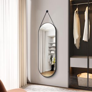 Miroir de dressing pleine longueur à cadre en métal noir avec bracelet en cuir suspendu Design ovale pour salon ou hôpital - Product Image 2