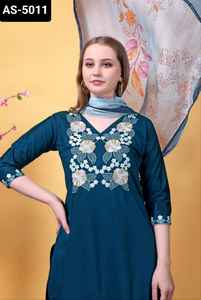 Traje indio de rayón pesado flameado con bordado de secuencia, traje Salwar Kameez con conjunto Dupatta estampado Chanderi para mujer, vestido - Product Image 6