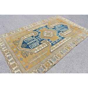 Grand tapis turc vintage 5,3x9,1 pieds, tapis en laine bleue - Product Image 1