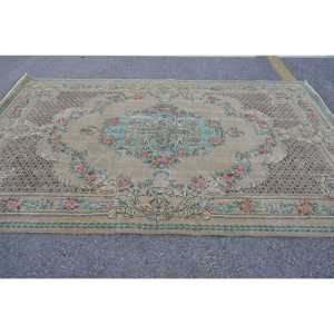 Vintage 6.5x10.3 ft Rug, Large Turkish Rug, <b>Brown</b> Striped <b>Wool</b> Rug - Product Image 2