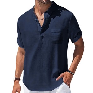 Novedad de verano, camiseta de manga corta de lino y algodón para hombre, ropa informal con cuello Henry, diseño transpirable - Product Image 1