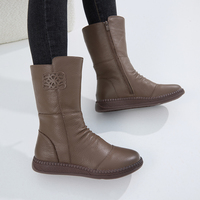JSHOE sepatu bot kulit sapi asli, sepatu bot wanita gaya Korea nyaman anti selip, sepatu kulit lembut 3cm, sepatu betis setengah, kulit hangat, buatan tangan