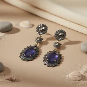 Pendientes de Gota de Agua con Zafiro Chapados en Oro Vintage Glamorosos para Ocasiones Especiales de Mujeres - Product Image 3