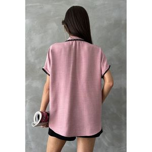 Camisas de Lino Rosa Pastel para Mujer Topshow, Blusas y Tops con Costura de Pastor, Venta al Por Mayor - Product Image 1