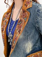Abrigo de mezclilla para mujer con tallado a mano, chaqueta de cuero occidental, chaqueta deportiva occidental, chaqueta deportiva para mujer, chaqueta de cuero para mujer