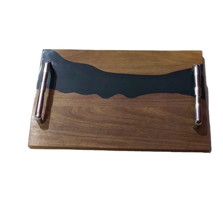Modern Design Wood And Resin Square Shape Brown And Black Color Serving Tray Stainless Steel Handle Table Decorate Used