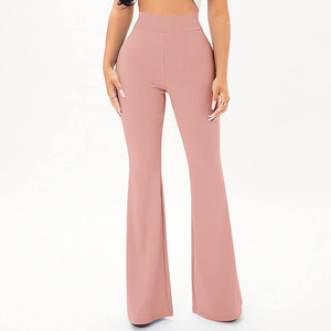 Pantalon évasé à la mode pour femmes taille personnalisée couleur unie bas en soie taille basse Stretch cordon fermeture toile Logo décoration - Product Image 3