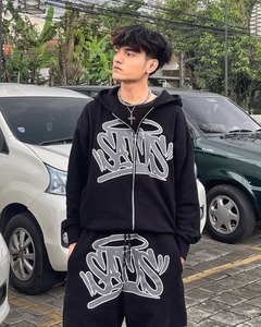 Y2K <b>Retro</b> Zipper Hoodie Sportswear Pants for Men Streetwear with Hip Hop Trendy Printed Casual Couple Clothing for Autumn Winter - Product Image 3
