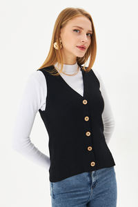 Chaleco de punto de pana informal con estilo para mujer, ropa exterior de algodón de invierno con decoración de botones, longitud del chaleco - Product Image 6