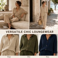 Ensemble femme en lin pur 100% à la mode, coupe ample, chemise à manches longues et pantalon large, tenue décontractée pour l'automne
