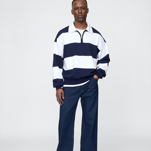 Jersey con logotipo personalizado para hombre 100% algodón polar de gran tamaño cuello redondo bordado sudadera pulóver a rayas sudadera de gran tamaño - Product Image 4