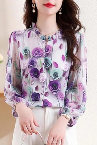 Mode 3D Rose imprimé en mousseline de soie chemise 2025 printemps été pulls Blouse col à volants 3/4 manches femmes hauts - Product Image 6