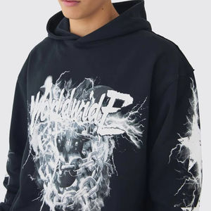 OEM Heavyweight Pullover Streetwear Vintage Sudadera con capucha Mezcla de algodón Logotipo personalizado Serigrafía Sudadera con capucha negra de gran tamaño - Product Image 1