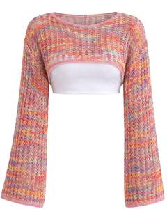 Manufacturer Custom Multicolor Crochet Knit Crop Sweater <b>Women</b> Open Weave <b>Long</b> Flare Sleeve Lightweight Fashion Spring Summer - Product Image 1