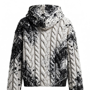 Black <b>White</b> 100% Cotton Cable Knit Texture Winter Pullover <b>Hoodie</b> Drawstring Hood Kangaroo Pocket Printed Splatter Pattern - Product Image 2