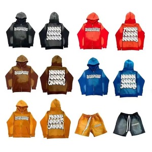 Sudadera con capucha y cremallera de lavado ácido para hombre, conjunto de chándal corto para hombre, chándal bordado personalizado, Sudadera con capucha de algodón polar y conjunto corto - Product Image 3