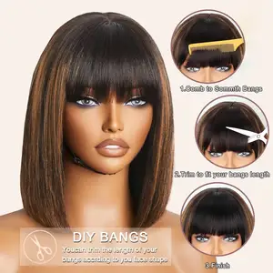 Ombre thẳng Bob tóc giả với bangs tóc con người glueless HD ren Bob tóc giả với màu nâu nổi bật sẵn sàng để đi tóc giả ngắn cho phụ nữ