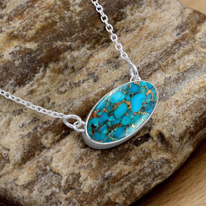 Nouveauté Collier Pendentif en Turquoise Bleu Naturel Argent Sterling 925 8x16mm Oval Délicat Minimaliste Bijoux Cadeau Femme - Product Image 2