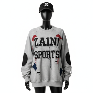 เสื้อสเวตเตอร์ผ้าคอตตอนผ้าขนแกะสีเทาออกแบบปักด้วยแผ่นปะที่ข้อศอกสำหรับผู้หญิงเสื้อสเวตเชิ้ตระบายอากาศได้ดี - Product Image 1