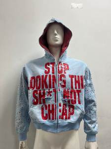 Sudaderas con Capucha para Hombre, Estilo Hip Hop, Bordado Lavado, Diseño Personalizado OEM, Estilo Urbano, Desgastado, Decolorado por el Sol, 400 g/m², con Pedrería - Product Image 3