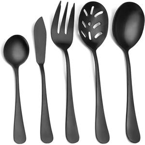 Juego de 5 cubiertos de acero inoxidable, ideal para utensilios de cocina, mesa, regalo, hogar, cubiertos con acabado recubierto de Color negro, mango liso - Product Image 5