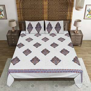 Parure de lit double en coton blanc imprimé Jaipuri 240 TC avec 2 taies d'oreiller, ensemble 3 pièces pour lits King Size, 100% coton, usage domestique - Product Image 2