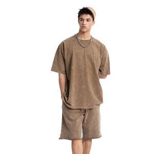 Streetwear d'été pour hommes, ensemble de t-shirts et shorts délavés à l'acide, survêtements tricotés en coton respirant personnalisés, tricotés à la mode par OEM - Product Image 3