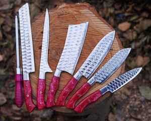 Juego de Cuchillos de Chef de Acero con Alto Contenido de Carbono, 7 Piezas, Hechos a Mano, con Mango de Madera, para Uso en Restaurantes, Incluye Bolsa de Cuero, Cuchillos para Cortar Carne - Product Image 1