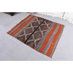 Tapis en Laine Ethnique Turc Vintage Orange Gris 3,9X4,5 ft Patchwork Plat Tissage Technique 10mm Rectangle Couloir Design Latex - Product Image 2