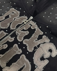 Custom Street Wear <b>Black</b> Oversized Streetwear Vintage Rhinestone Acid Wash Distressed Embroidered Patch logo <b>Zip</b> up <b>Hoodie</b> - Product Image 4